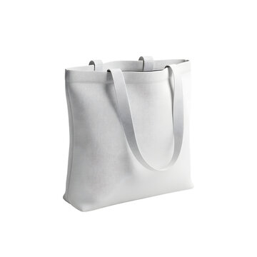 Realistic blank white canvas tote bag mockup presented at a slight angle on transparent background