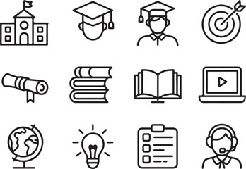 education icons graduation diploma book globe laptop checklist headset