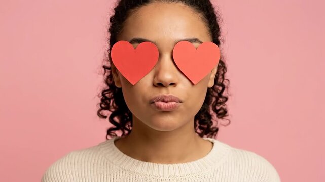 Curly haired young woman covering eyes with red hearts pouting lips against a pink background
