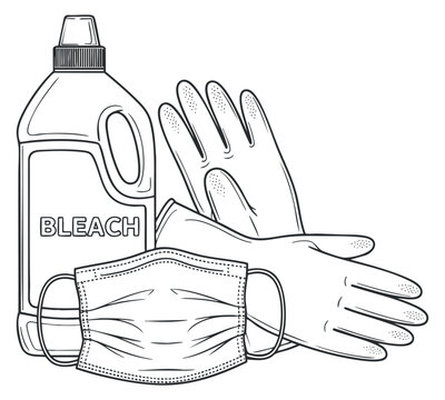 A bottle of bleach, a pair of gloves, and a facemask in outline vector style, ideal for health and safety themes