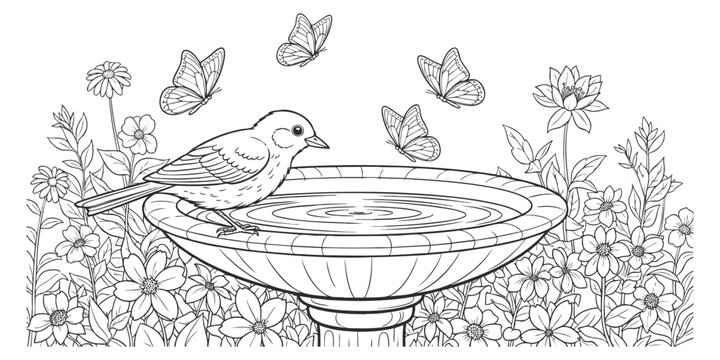 A bird bathing in a birdbath surrounded by flowers and butterflies in black and white outline vector style, ideal for nature-themed coloring books or illustrations