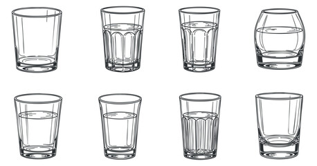 A collection of different glass types including shot glasses, tumblers, and whiskey glasses in a minimalist outline vector style, perfect for bar and restaurant design
