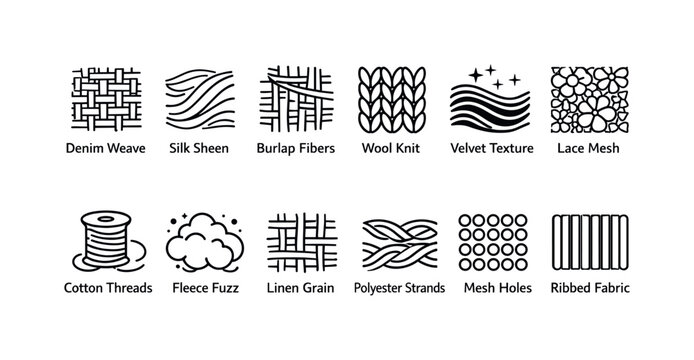 Textile Patterns Linear Icon Set. Featuring Denim Weave, Silk Sheen, Burlap Fibers, Wool Knit, Velvet Texture, Lace Mesh