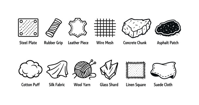Materials linear icon set. Incorporating steel plate, rubber grip, leather piece, wire mesh, concrete chunk, and more