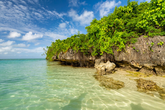 Mauritius, Ile aux Aigrettes - 15 April 2022 - Crystal clear water and lush vegetation on a tropical rocky beach