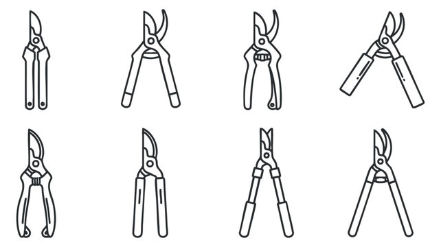 A set of gardening scissors, shears, and clippers in clean black and white outline vector style, ideal for gardening and landscaping projects