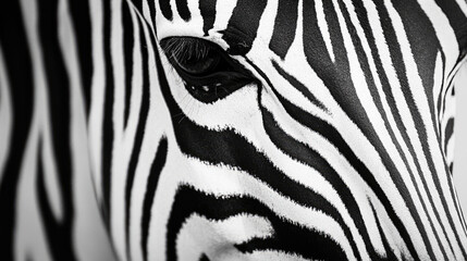 Fototapeta premium Close-up of a zebra's eye, showcasing its distinctive striped pattern. The image is a striking black and white portrait, highlighting the zebra's unique features AI Generative