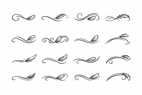 Ornament airy icon flourish set feather stylistic feathered arc quirky decorative vector