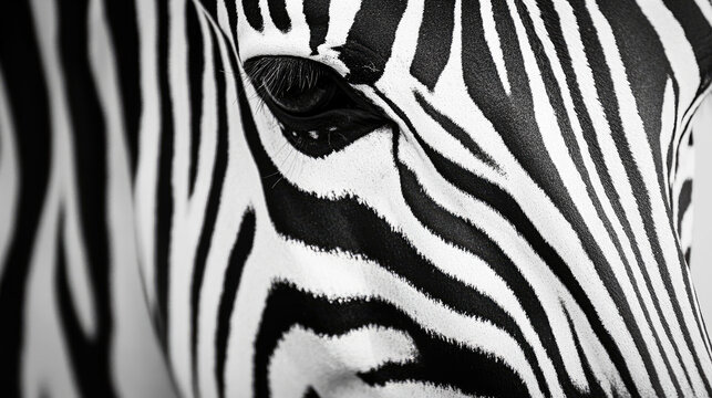 Close-up of a zebra's eye, showcasing its distinctive striped pattern. The image is a striking black and white portrait, highlighting the zebra's unique features AI Generative
