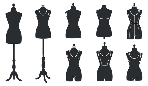 A collection of eight black silhouettes of dress forms and mannequins in minimalist vector style, ideal for fashion design and tailoring projects