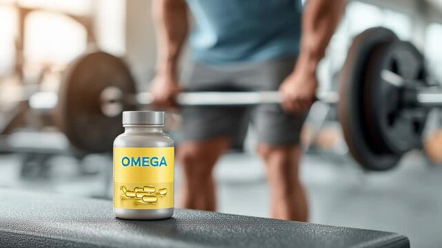 Omega supplement bottle with athlete lifting weights in gym background
