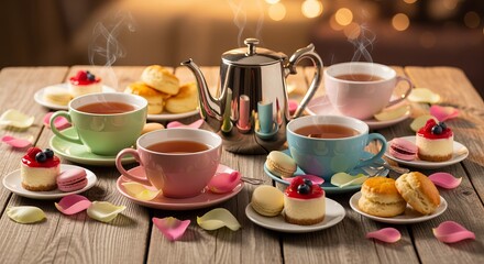 Fototapeta premium Charming afternoon tea arrangement featuring pastel cups, decadent desserts, and rose petals