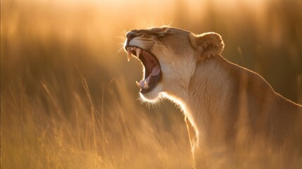 Fototapeta premium snarling. A fierce lioness bares her fangs under the golden savanna sun, exuding wild power. wildlife magazines, conservation campaigns, designed for wildlife conservation campaigns. 