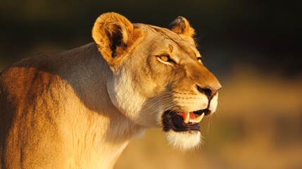 snarling. A fierce lioness bares her fangs under the golden savanna sun, exuding wild power. wildlife magazines, conservation campaigns, designed for wildlife conservation campaigns.
