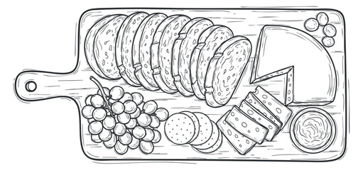 A sketch of a charcuterie platter featuring assorted bread, cheese, grapes, and snacks in black and white outline style, perfect for culinary design projects