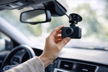 Close Up of Hand Adjusting Modern Car Dash Camera