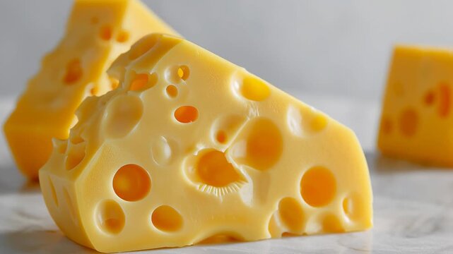 Close up of Swiss cheese wedge with holes on a clean light background showing fresh dairy texture for food, cooking or packaging concept