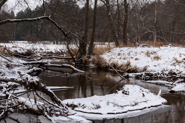 Mała nieuregulowana rzeka zimą. Po obu stronach znajdują się łąki pokryte warstwą śniegu. W poprzek rzeki leżą powalone drzewa. © boguslavus