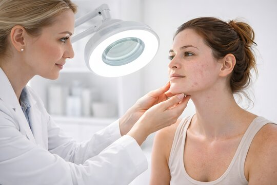 Female dermatologist examines a young woman with acne prone skin during a facial consultation under a magnifying lamp