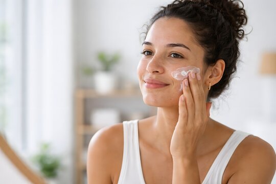 Young woman applies face cream to acne prone skin in a bright bathroom, showing a daily skincare routine for breakouts