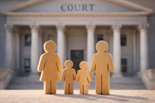 Family silhouettes representing parents and children at courthouse steps