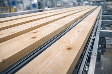 Freshly cut wooden boards moving along conveyor in modern sawmill factory