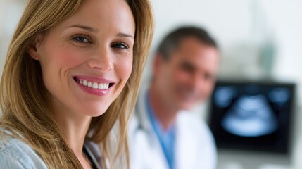 Fototapeta premium Happy woman patient smiling at camera with doctor in background at clinic