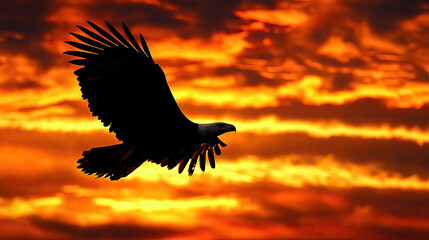 Obraz premium An eagle soars gracefully against the stunning backdrop of a sunset sky AI Generative