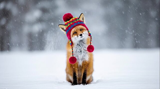 Adorable fox wearing colorful winter hat with pom-poms in snowy landscape