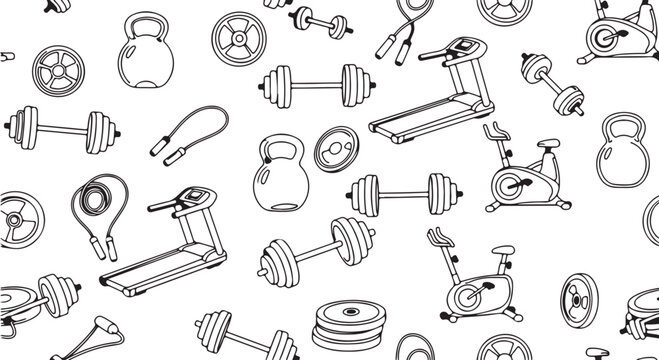 Handdrawn seamless pattern featuring various fitness gym equipment illustrations on a clean white background creating a healthy lifestyle design