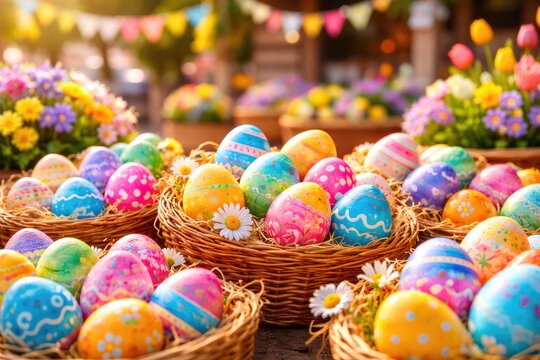 Colorful decorated Easter eggs in baskets at spring market
