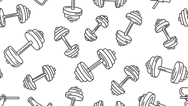 Seamless pattern featuring various hand drawn line art dumbbells on a clean white background for fitness and workout themes