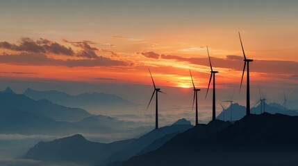 Clean energy concept, wind turbines at sunrise