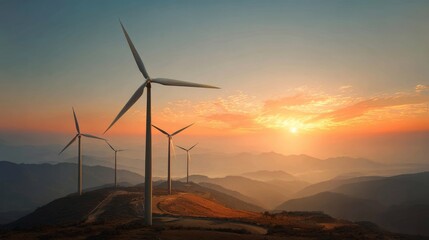 Clean energy concept, wind turbines at sunrise