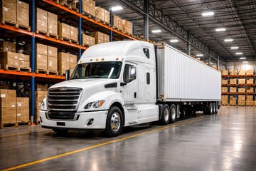 Naklejka premium White Cargo Truck Parked Inside Modern Warehouse