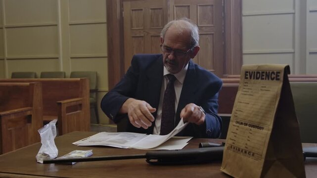 Criminal Trial lawyer in court pointing to notes - modern court room scene