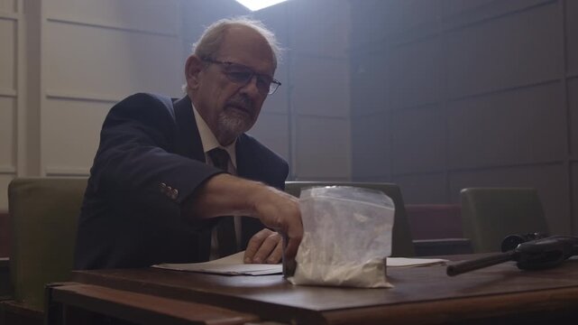 Criminal Trial lawyer in court pointing to notes - modern court room scene