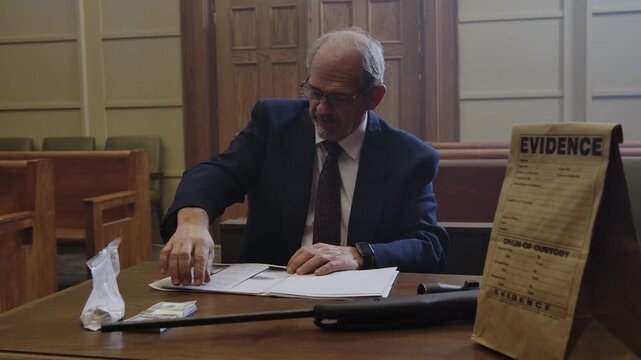 Criminal Trial lawyer in court pointing to notes - modern court room scene