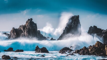 sedition. Ocean waves crashing against dark rocks with splashing water droplets in dramatic seascape. travel magazines, destination branding, designed for outdoor magazines and nature guides.
