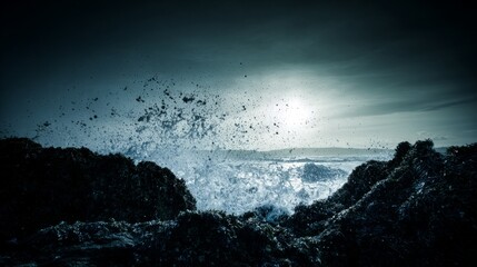 sedition. Ocean waves crashing against dark rocks with splashing water droplets in dramatic seascape. travel magazines, destination branding, designed for outdoor magazines and nature guides.
