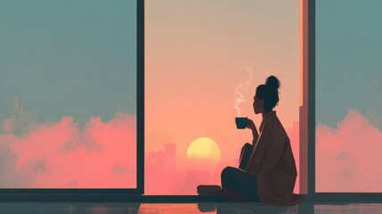 Daily lifestyle concept, person enjoying morning coffee by window 