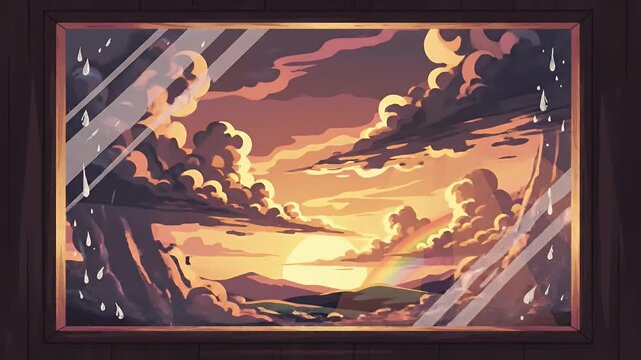 Heavy thunderstorm with lightning seen through a rainy window at night