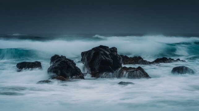 sedition. Ocean waves crashing against dark rocks with splashing water droplets in dramatic seascape. travel magazines, destination branding, designed for outdoor magazines and nature guides.
