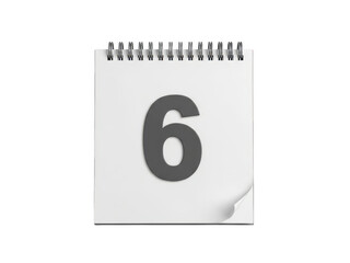 A close-up view of a spiral-bound notebook with a large number six on the page. isolated on transparent background
