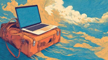 Digital nomad concept, laptop and travel vibe 