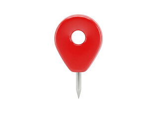 A close-up view of a red push pin with a round head and a sharp tip isolated on transparent background