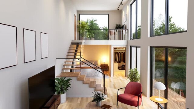 Animation of modern contemporary style two-level home interior with mezzanine design 3d render