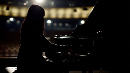 pianist. A pianist at a grand piano, highlighted by dramatic lighting in a concert setting. event programs, museum guides, designed for cultural heritage projects and event programs.
