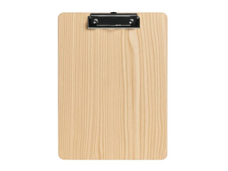 A wooden clipboard with a black clip standing upright against a white background isolated on transparent background