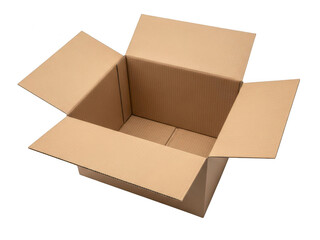 An empty cardboard box with its flaps open and ready for packing. isolated on transparent background